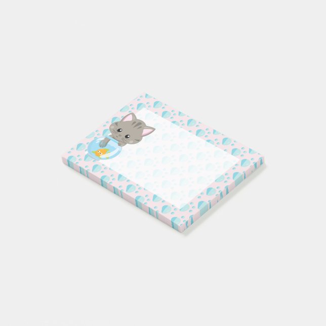 Adorable Grey Tabby Kitten with Fish Bowl Post-it Notes (Angled)