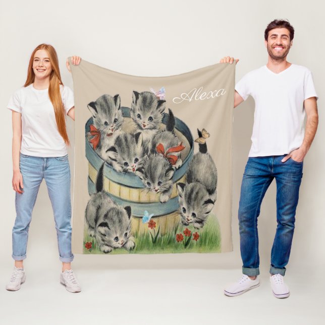 Adorable Grey Tabby Kittens In Basket Butterflies Fleece Blanket (In Situ)
