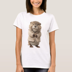 Adorable Groundhog in Knitted Cardigan T-Shirt