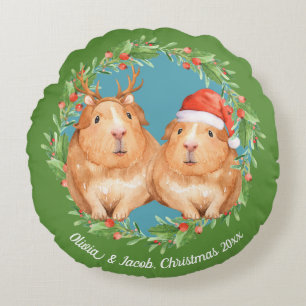 Adorable Guinea Pig Couple Christmas Round Cushion
