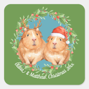 Adorable Guinea Pig Couple Christmas Square Sticker