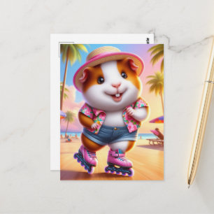 Adorable Guinea Pig Rollerskates at the Beach Postcard