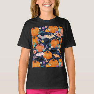 Adorable Halloween Bats & Pumpkins Floral T-Shirt