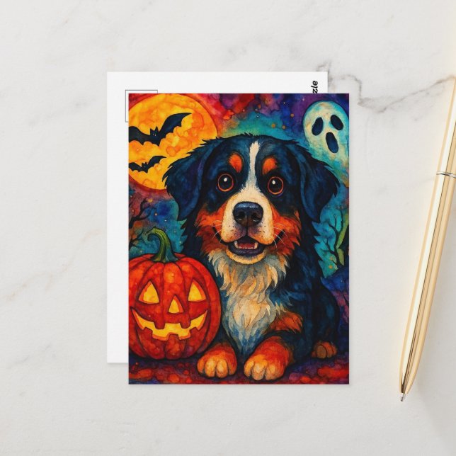 Adorable Halloween Bernese Mountain Dog Postcard (Front/Back In Situ)