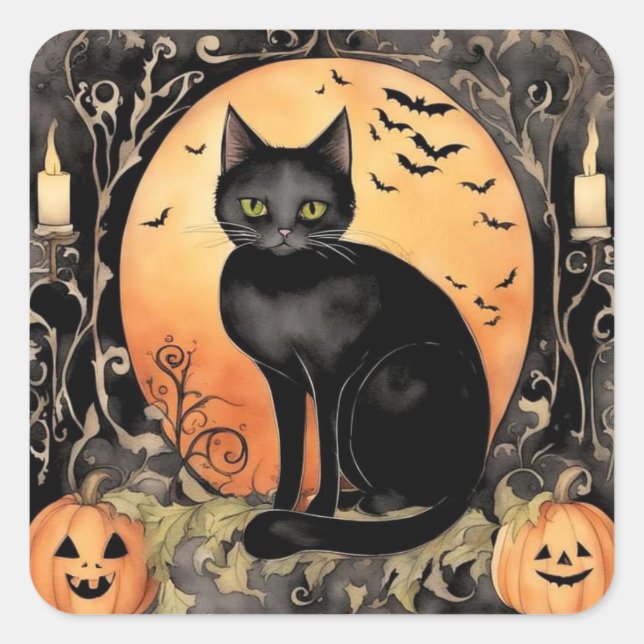 Adorable Halloween Black Cat Watercolor Square Sticker (Front)