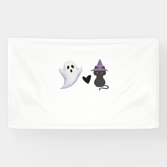 Adorable Halloween Duo Friendly Ghost and Black Ca Banner (Horizontal)