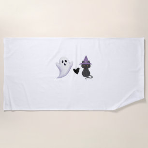 Adorable Halloween Duo Friendly Ghost and Black Ca Beach Towel