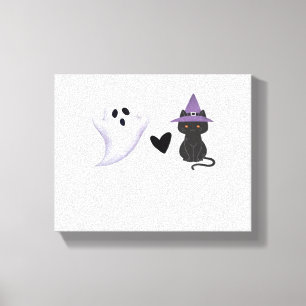 Adorable Halloween Duo Friendly Ghost and Black Ca Canvas Print