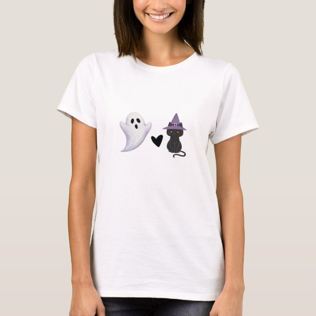 Adorable Halloween Duo Friendly Ghost and Black Ca T-Shirt (Front)