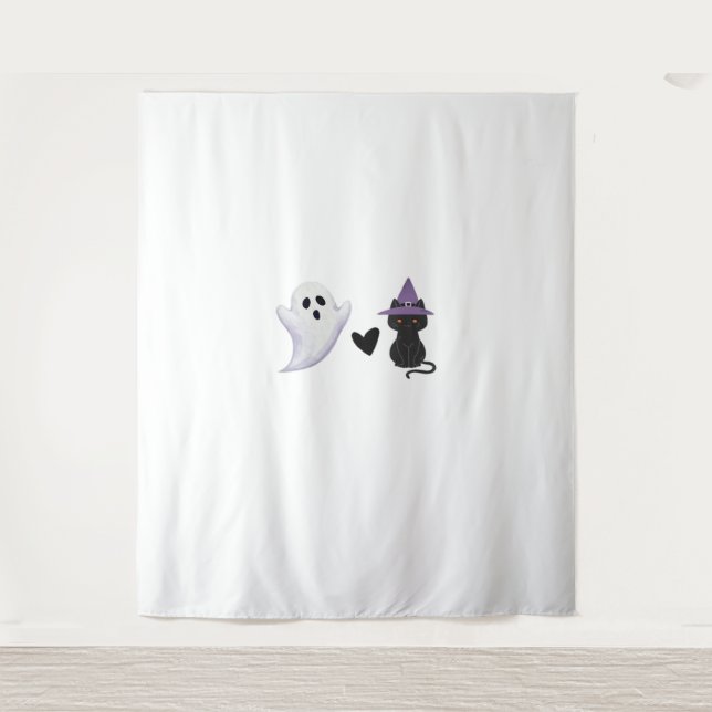 Adorable Halloween Duo Friendly Ghost and Black Ca Tapestry (Front)