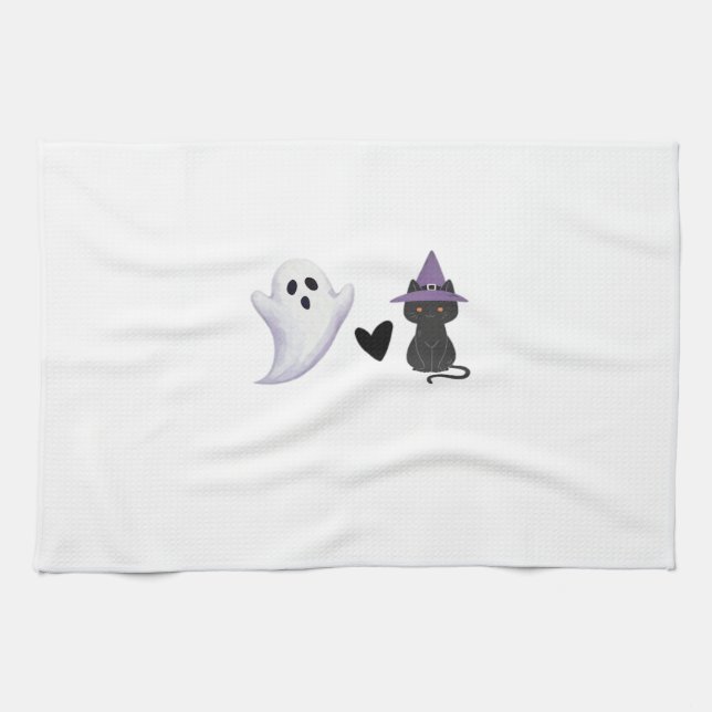Adorable Halloween Duo Friendly Ghost and Black Ca Tea Towel (Horizontal)