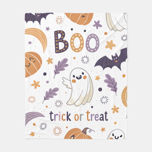 Adorable Halloween Ghost & Pumpkin Fleece Blanket (Front)