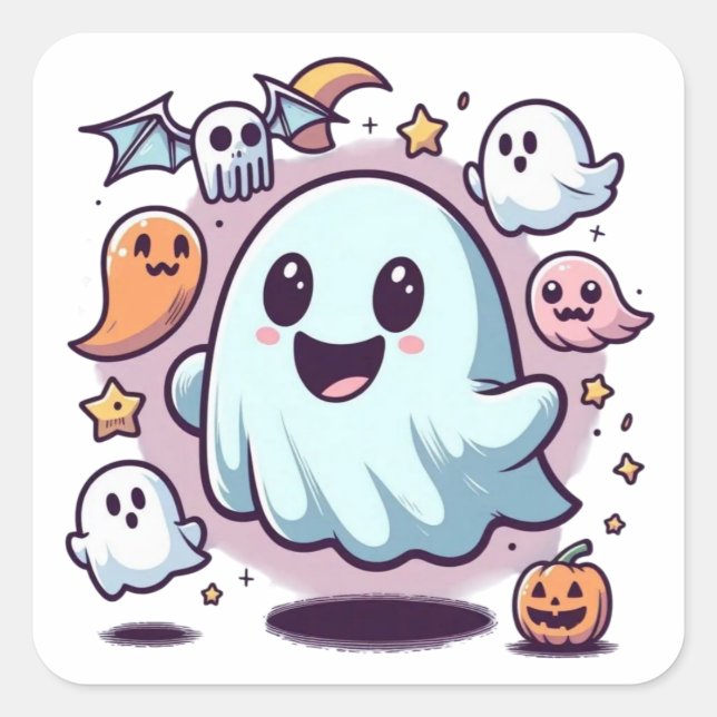 Adorable Halloween Ghost Squad & Spooky Friends Square Sticker (Front)