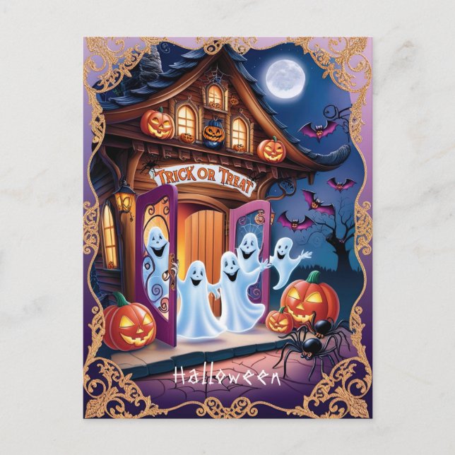 Adorable Halloween Ghosts at the Doorstep Postcard (Front)