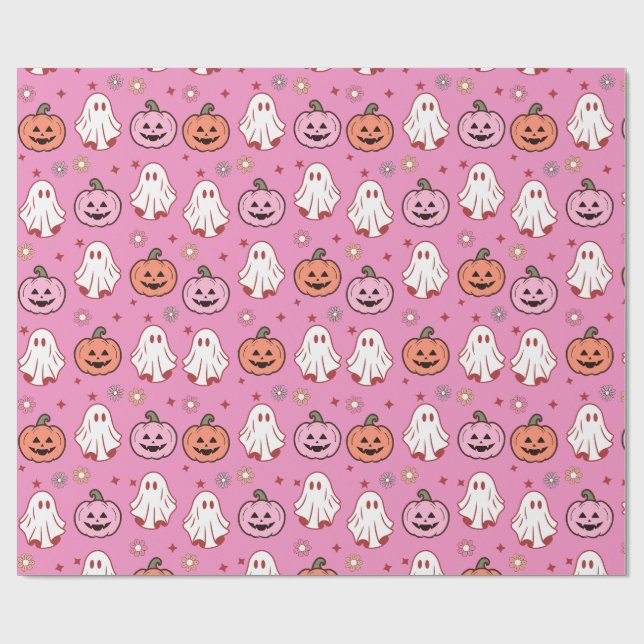 Adorable Halloween Ghosts & Pumpkins Pink Wrapping Paper (Flat)