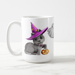 ADORABLE HALLOWEEN GRAY CAT GHOST HAUNTED HOUSE COFFEE MUG