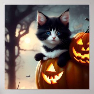 Adorable Halloween Kitten in a Pumpkin Poster