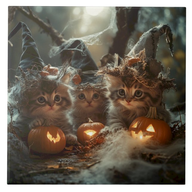Adorable Halloween Kittens with Pumpkins Tile (Front)