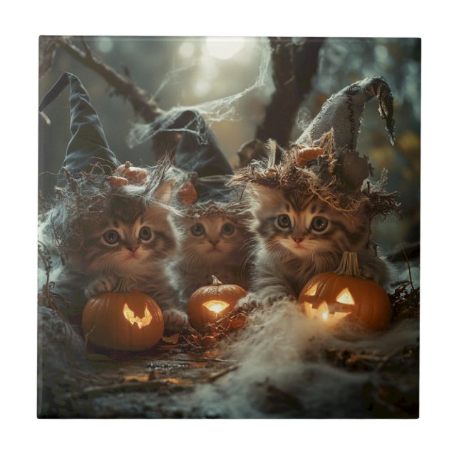 Adorable Halloween Kittens with Pumpkins Tile (Front)