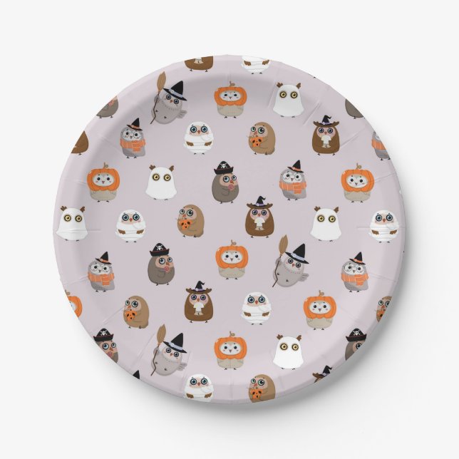 Adorable Halloween Owls Pattern Paper Plate (Front)