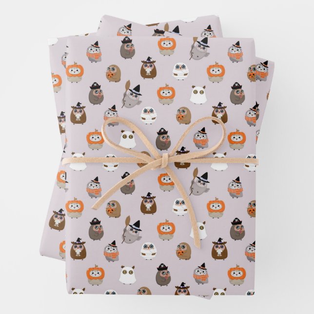 Adorable Halloween Owls Pattern Wrapping Paper Sheet (In situ)