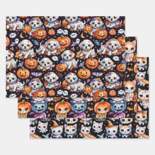 Adorable Halloween Puppies & Kittens Watercolor Wrapping Paper Sheet