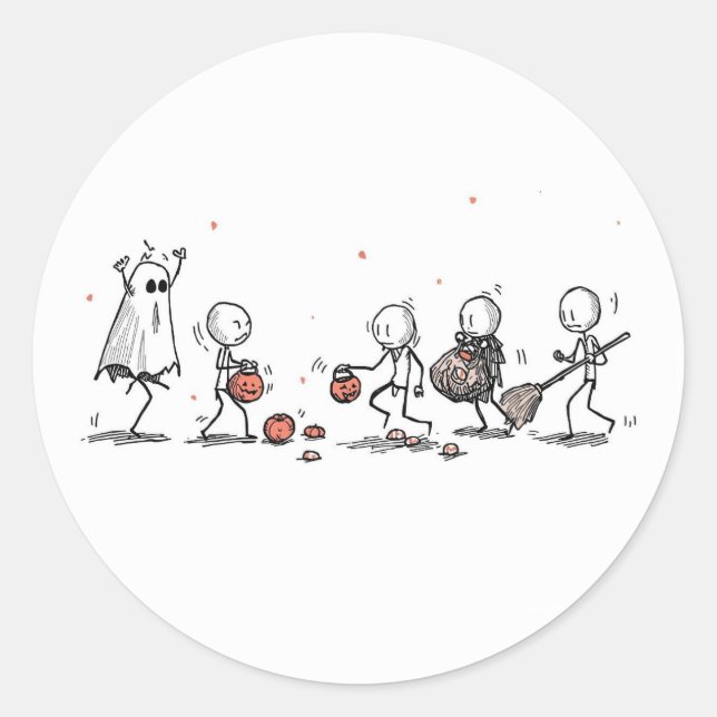 Adorable Halloween Stick Figure Scene Classic Round Sticker (Front)