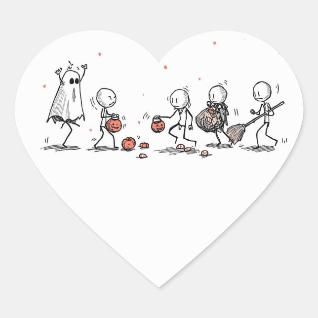 Adorable Halloween Stick Figure Scene Heart Sticker (Front)