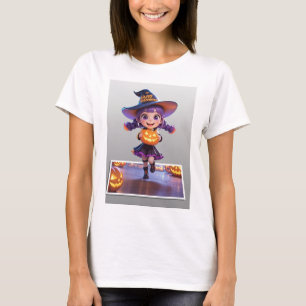Adorable Halloween Witch Girl with Jack-o’-Lantern T-Shirt