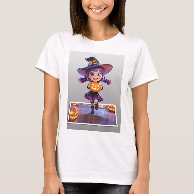 Adorable Halloween Witch Girl with Jack-o’-Lantern T-Shirt (Front)