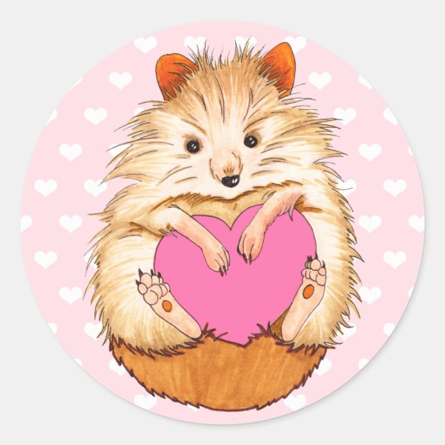 Adorable Hamster & Hearts Illustration Classic Round Sticker (Front)