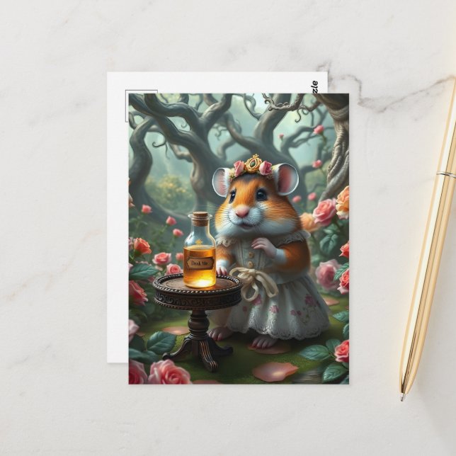 Adorable Hamster in a Rose Garden With a Potion Postcard (Front/Back In Situ)