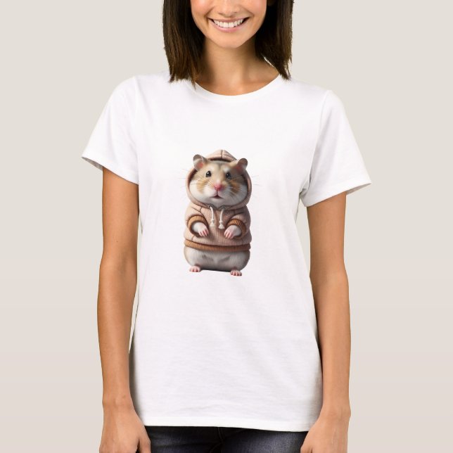 Adorable Hamster in Cozy Pink Hoodie Portrait T-Shirt (Front)