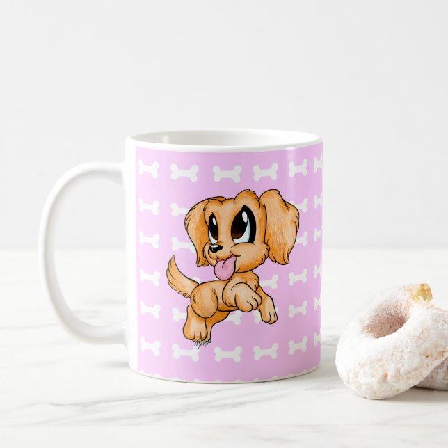 Adorable Hand Drawn Golden Retriever Dog Pink Mug (With Donut)