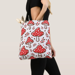 Adorable hand drawn mushrooms red and white cute tote bag
