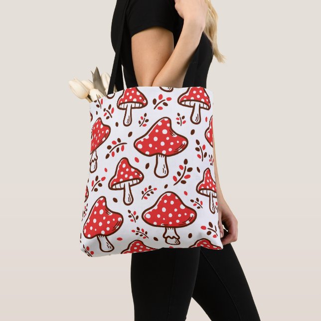 Adorable hand drawn mushrooms red and white cute tote bag (Close Up)