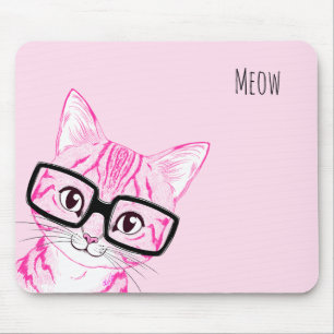 Adorable Hand Drawn Nerdy Cat Art Pink Mouse Pad