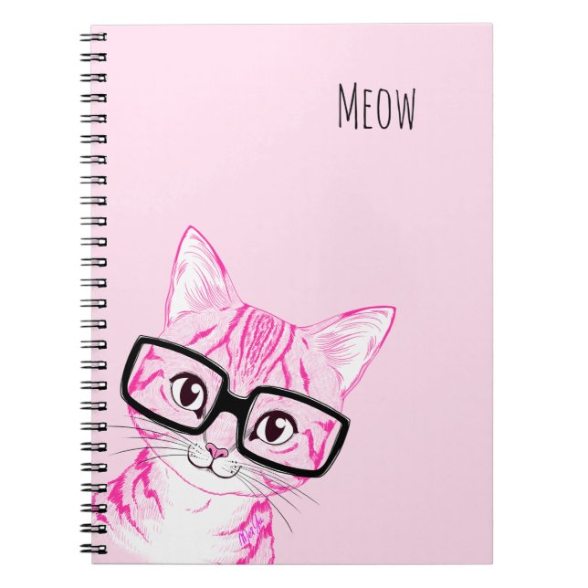 Adorable Hand Drawn Nerdy Cat Art Pink Note Book (Front)