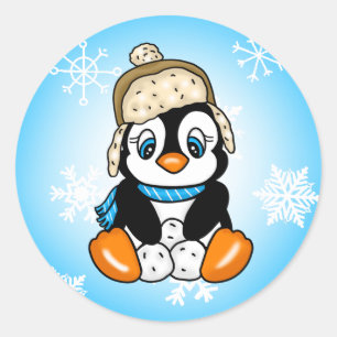 Adorable Hand drawn Penguin with Snowballs Classic Round Sticker