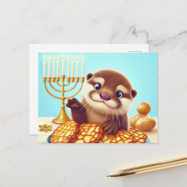 Adorable Hanukkah Otter Postcard (Front/Back In Situ)