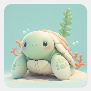 Adorable Happy Clay Sea Turtle Square Sticker