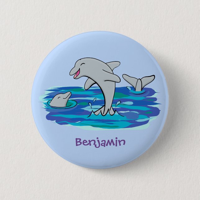 Adorable happy dolphins cartoon illustration 6 cm round badge (Front)