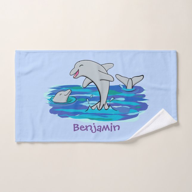 Adorable happy dolphins cartoon illustration bath towel set (Hand Towel)