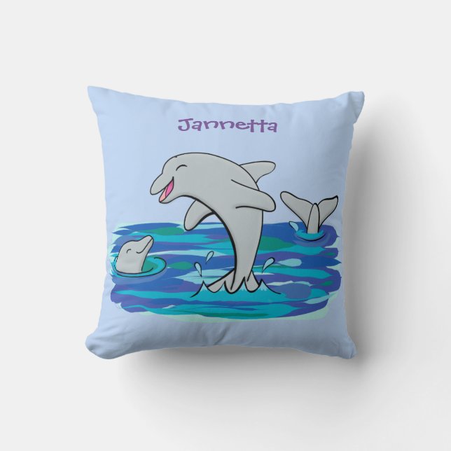 Adorable happy dolphins cartoon illustration cushion (Front)