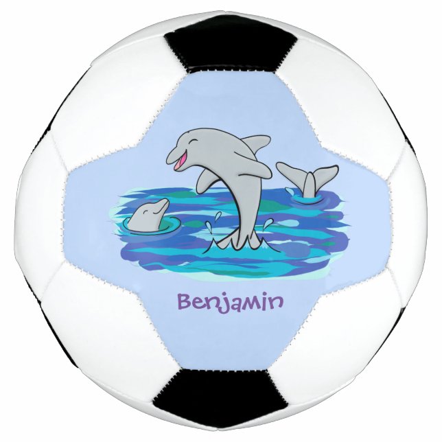 Adorable happy dolphins cartoon illustration football (Front)