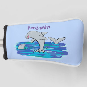 Adorable happy dolphins cartoon illustration golf head cover