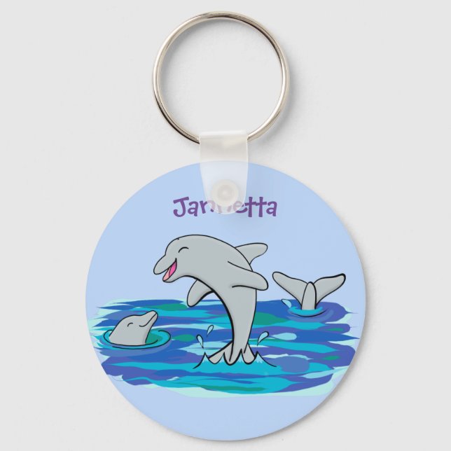 Adorable happy dolphins cartoon illustration key ring (Front)