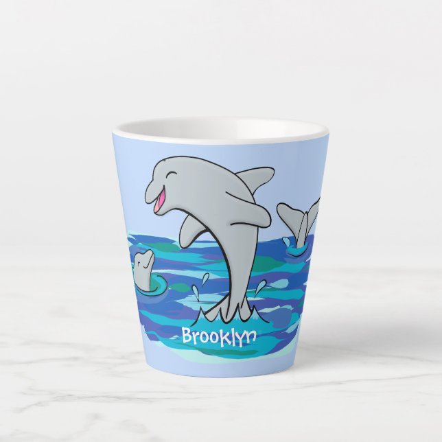 Adorable happy dolphins cartoon illustration latte mug (Front)