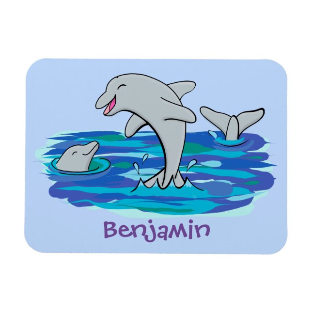Adorable happy dolphins cartoon illustration magnet (Horizontal)