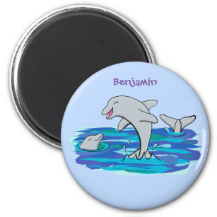 Adorable happy dolphins cartoon illustration magnet